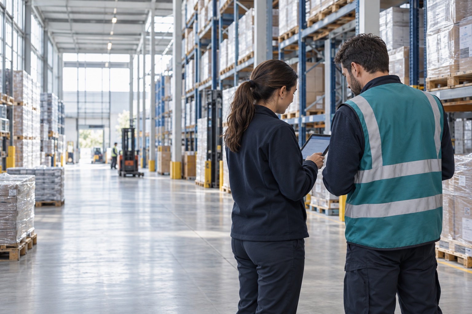 Immagine illustrativa: due professionisti della logistica si confrontano su un tablet in magazzino